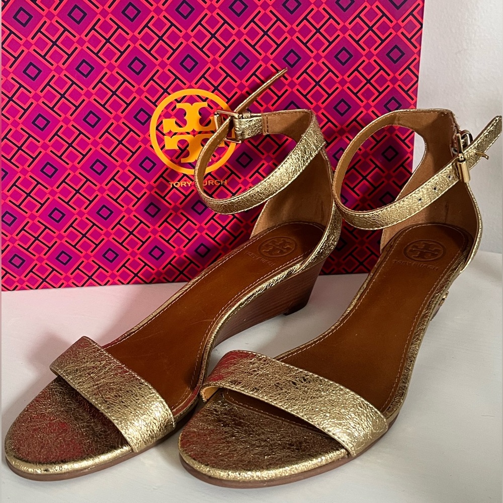 Tory Burch Metallic Gold Leather Ankle-Strap Wedges